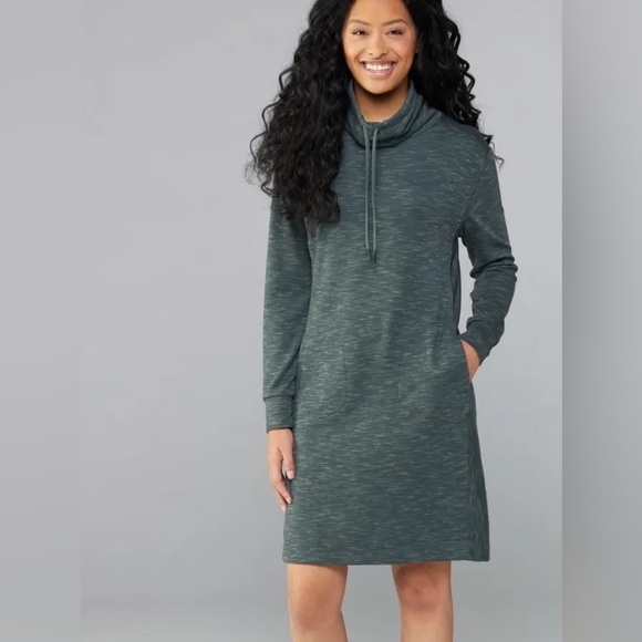 Prana Sunrise Cowl Neck Heathered Blue Gray Sweatshirt Dress Large - Picture 1 of 15